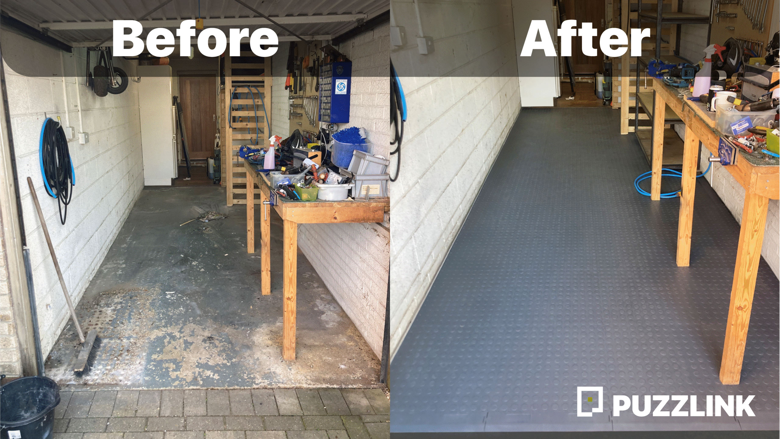 Real UK garage before and after fitting Puzzlink recycled PVC floor tiles in battleship grey