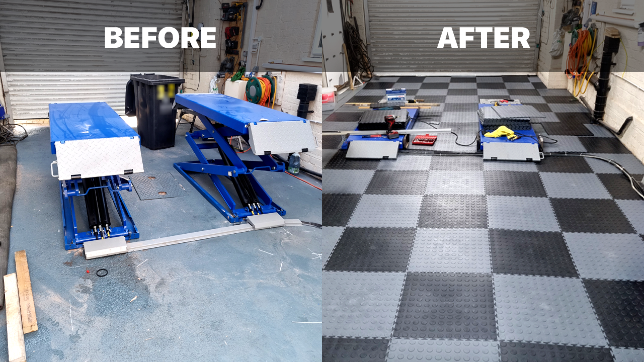Garage floor before and after fitting Puzzlink recycled PVC tiles in Cannock