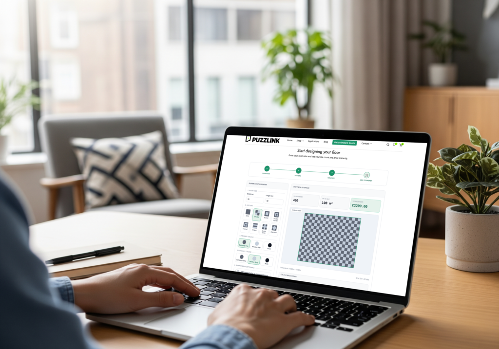 Puzzlink Floor Tile Studio open on a laptop showing garage floor layout and instant price calculator